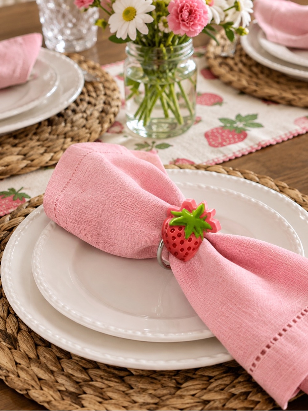 Strawberry Napkin rings set of 6 – Pink and Green